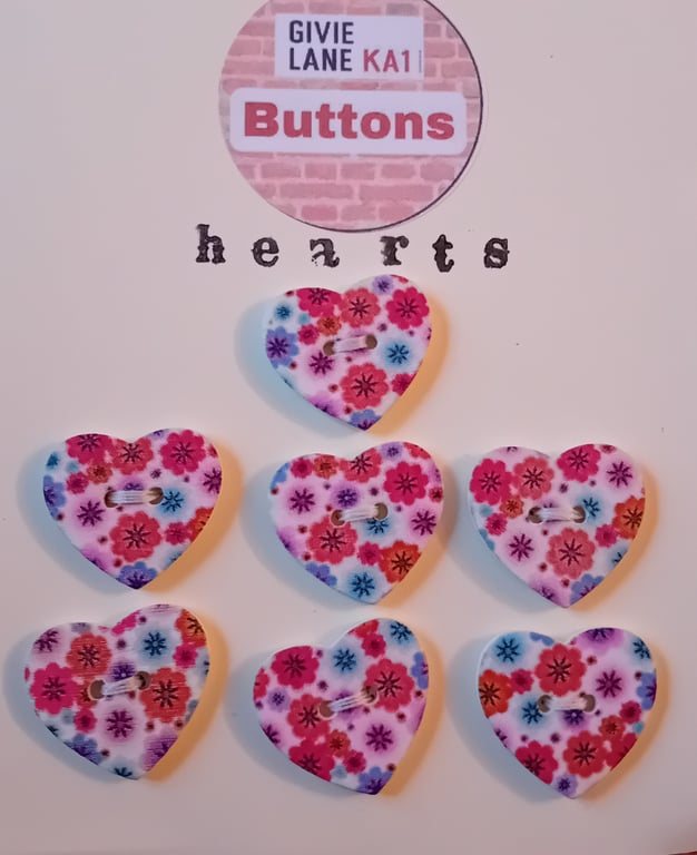 Set of Seven Heart Buttons – Red and Blue Floral Design
