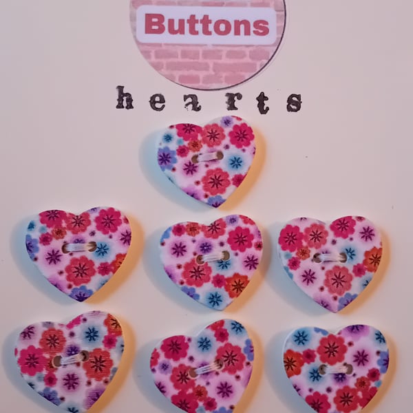 Set of Seven Heart Buttons – Red and Blue Floral Design