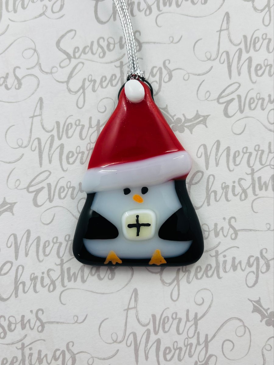 Handmade Fused Glass Penguin Hanging Christmas Decoration 
