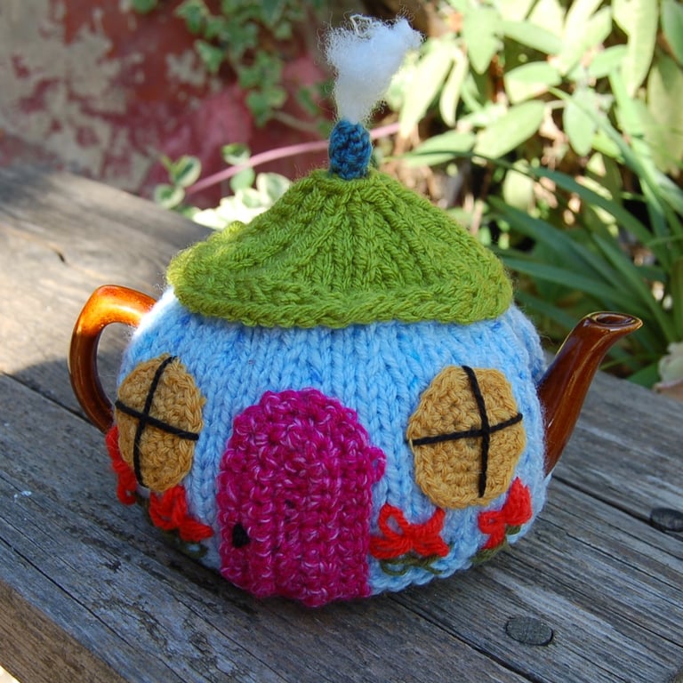 Country cottage tea cosy - hand embroidered, to fit a tea for one or two teapot