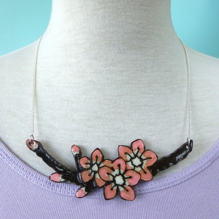 Pink Cherry Blossom Ceramic Bib Necklace