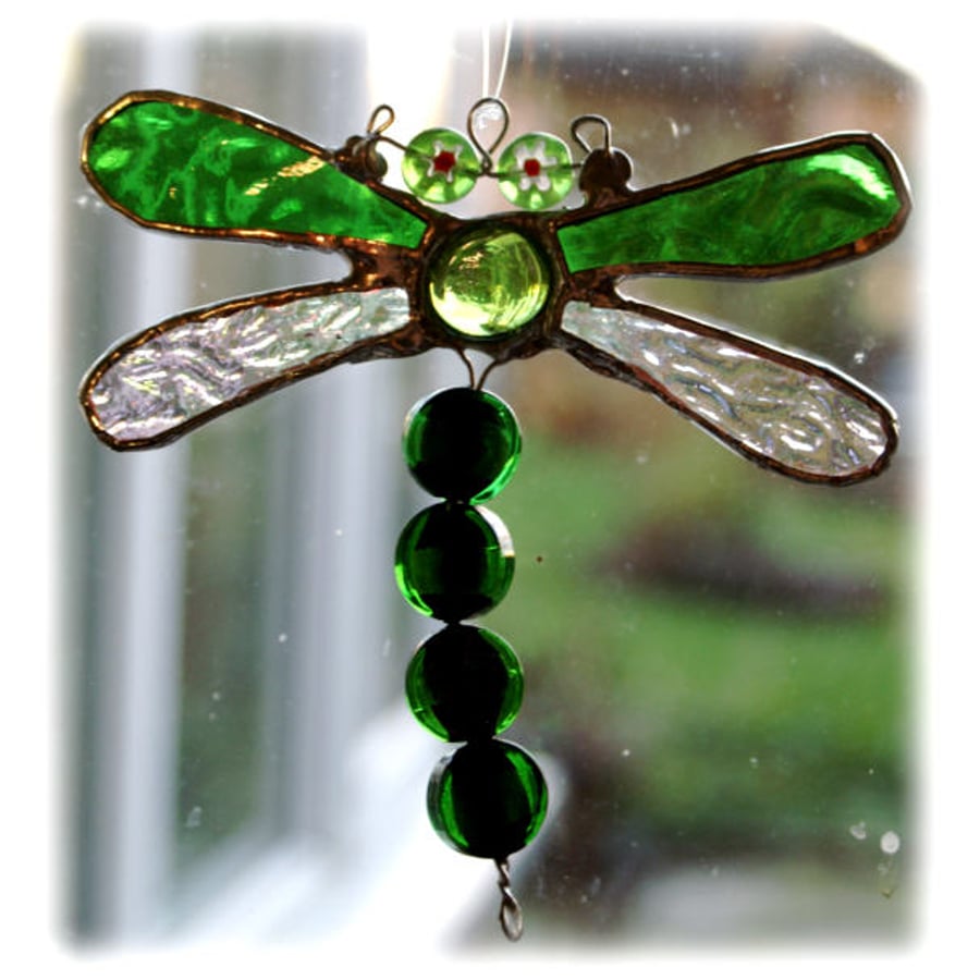Dragonfly Suncatcher Stained Glass Green Bead-Tailed  
