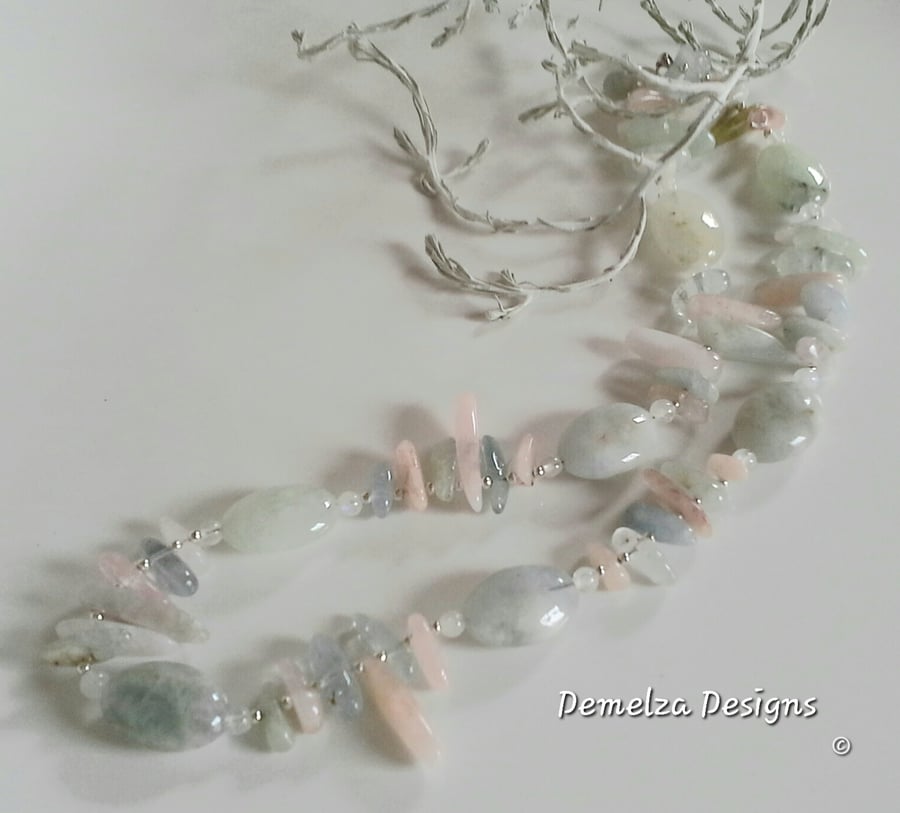 Aquamarine, Morganite & Multi Beryl Sterling Silver Necklace