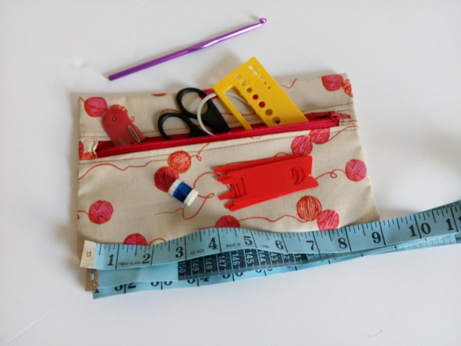 Knitting accessories bag, knitting zipper pouch, lined cotton bag, pencil case