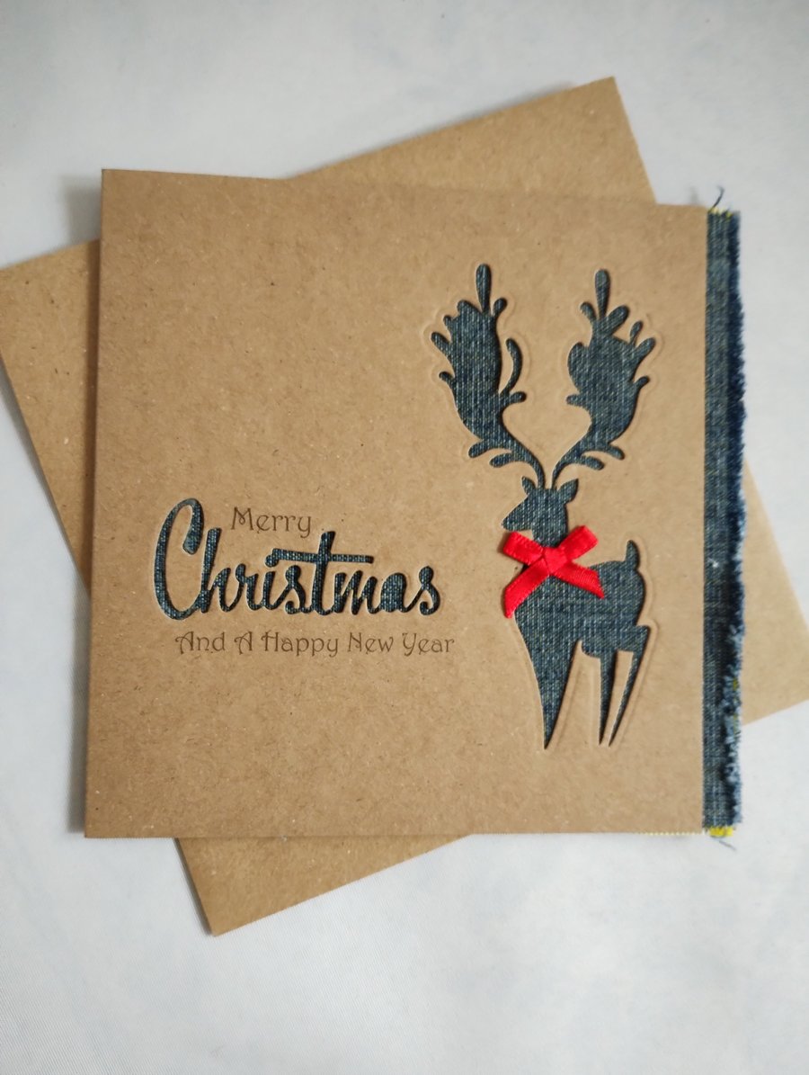 Handmade Upcycled Christmas Card - Denim Reindeer 