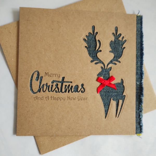 Handmade Upcycled Christmas Card - Denim Reindeer 