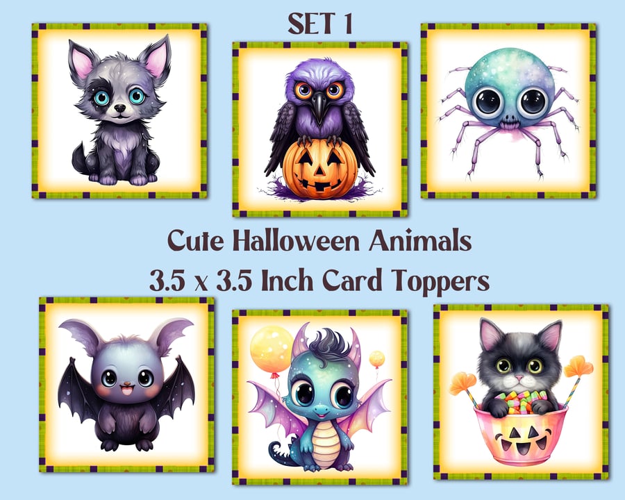 Cute Halloween Animals Square Card Toppers for Card Making, Tags, Journals