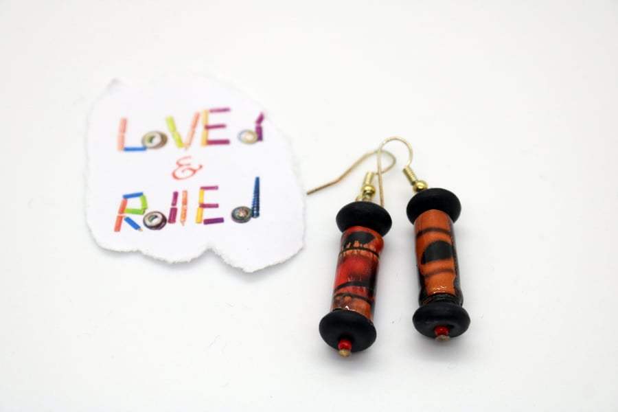 Paper bead red and black earrings