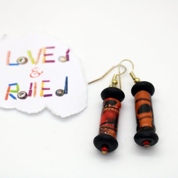 Paper bead red and black earrings