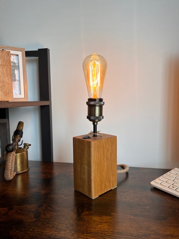 Handmade Solid Oak Block Lamp with Edison Bulb