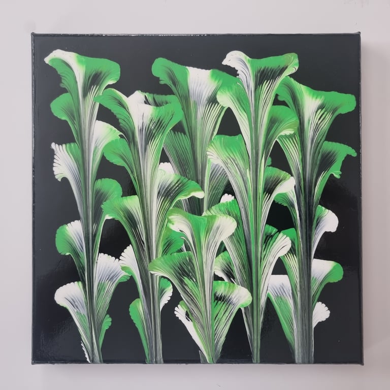(7) Abstract Acrylic Art, White and Green Blooms on Canvas