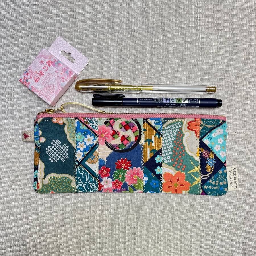Pencil Case Floral Japanese Fabric Patchwork Teal