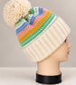Ladies Hand-knitted Bobble Hat, Cream and Pastel Stripe Design  - Image 3