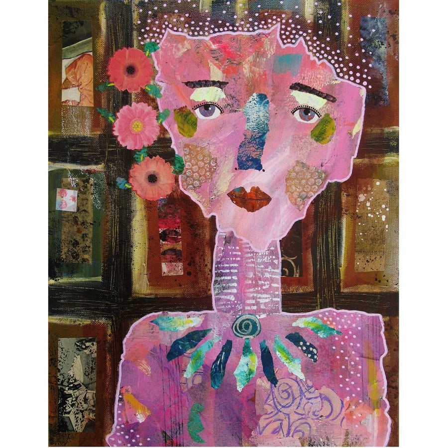 Surreal Figure Painting Modern Abstract Portrait Pink Brown Bohemian Artwork
