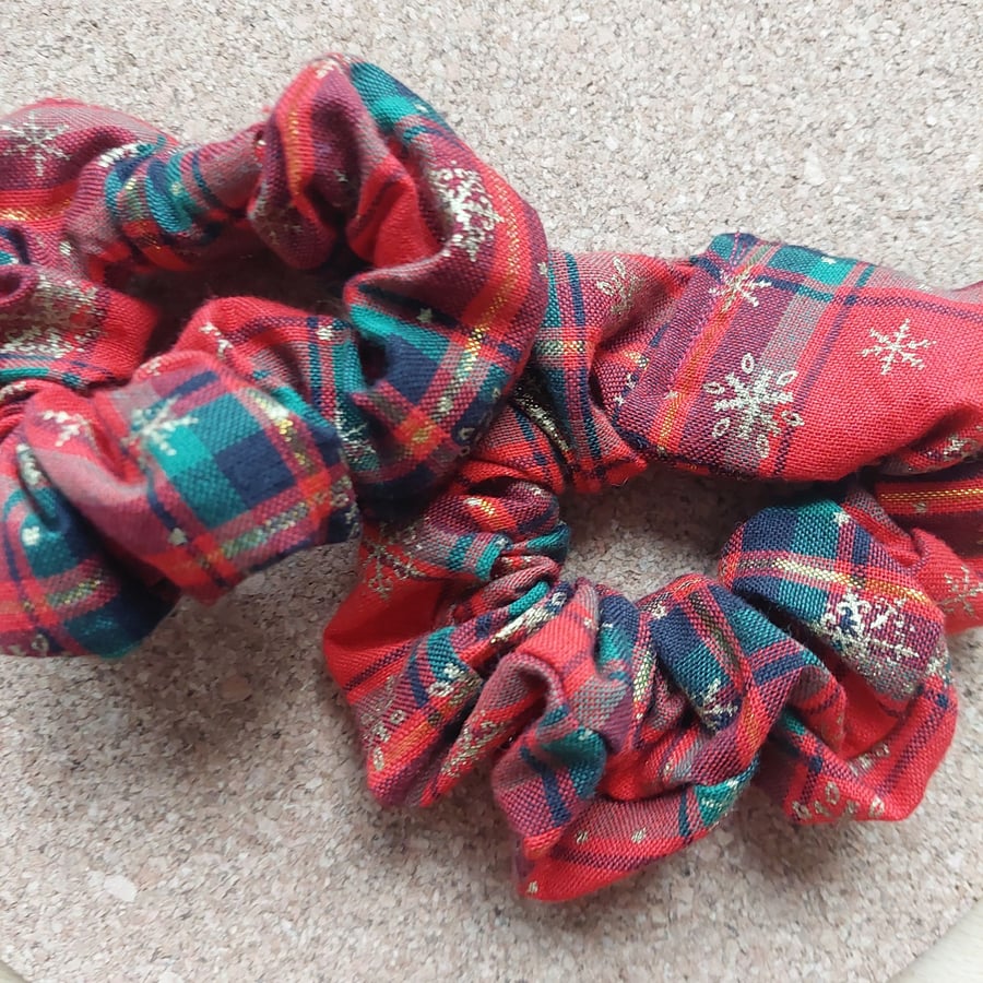 Red tartan and gold snowflake scrunchie 