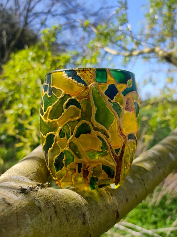 Stained glass effect painted candle holder with two spring willows in green 