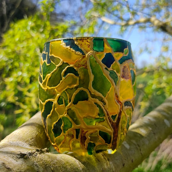 Stained glass effect painted candle holder with two spring willows in green 