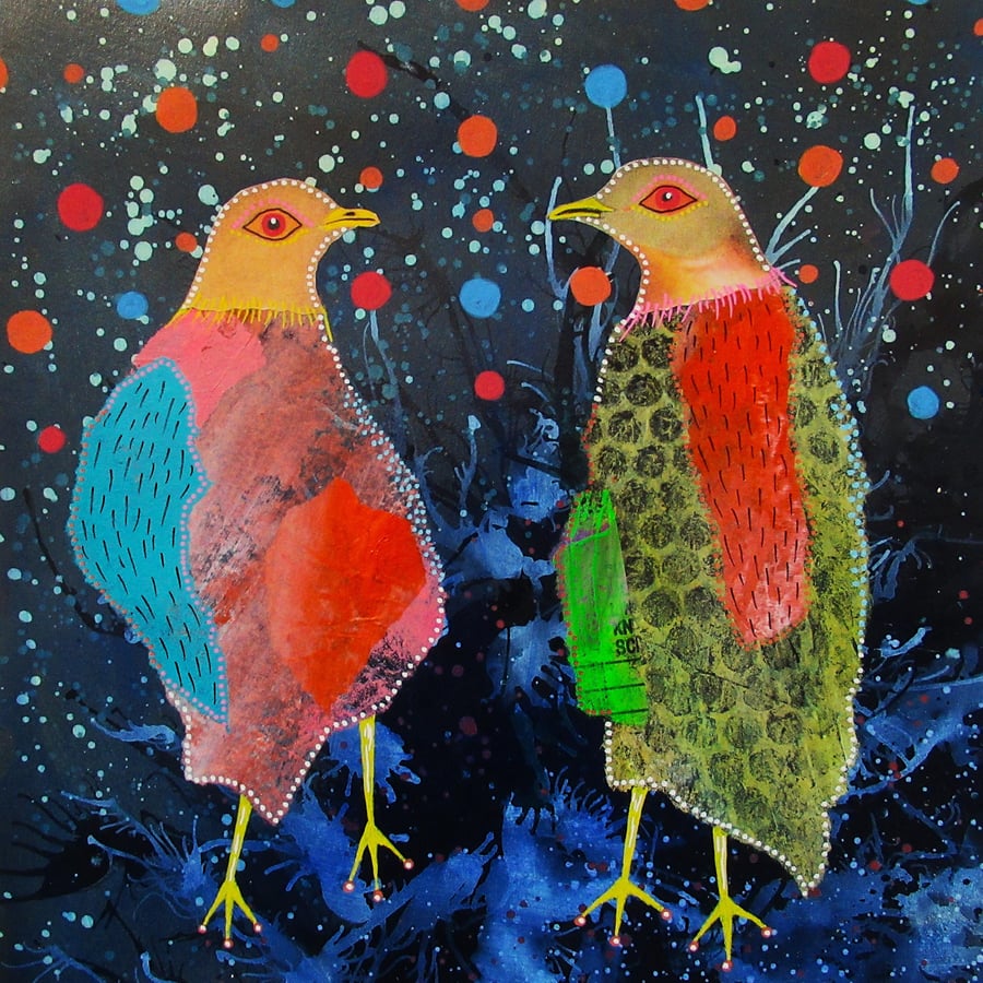 Surreal Bird Creatures Painting Whimsical Mixed Media Outsider Folk Art Abstract