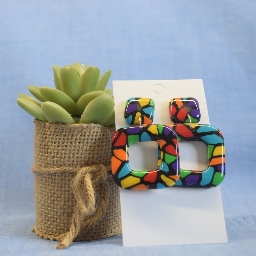 Retro Square Terrazzo Statement Earrings