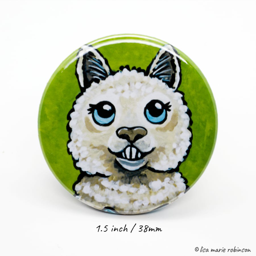 38mm Button Badge - Grinning Alpaca (1.5 inch)