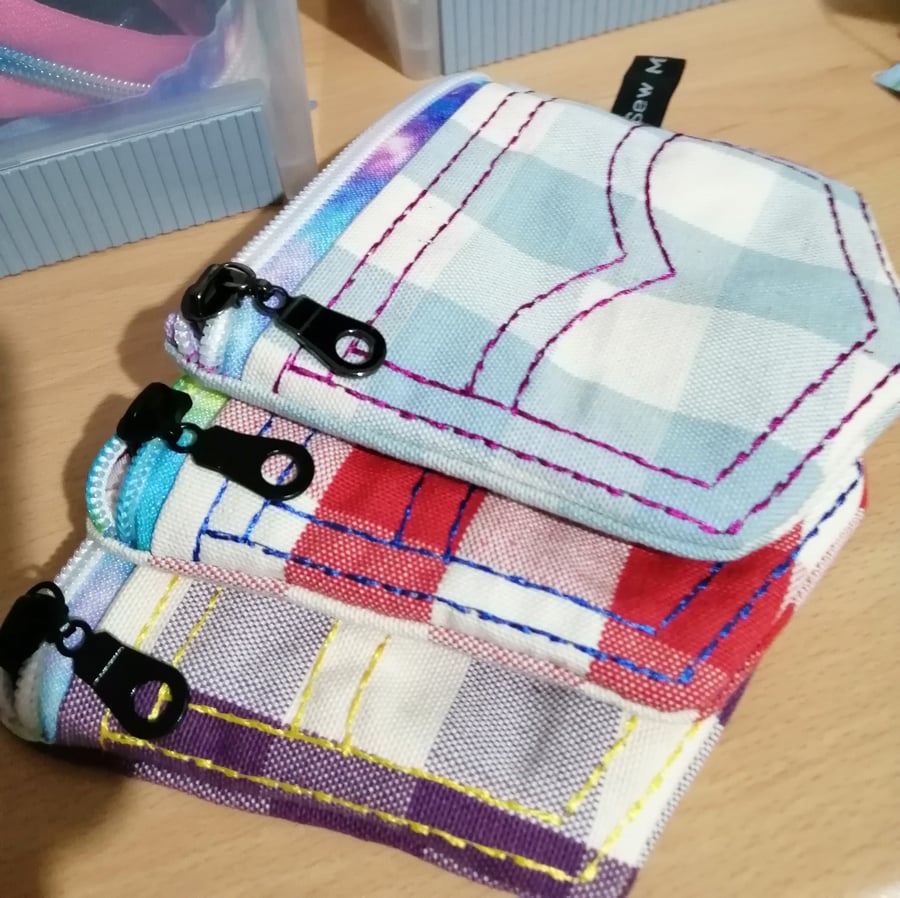 A POCKET JEANS STYLE FULLY LINED ZIPPED PURSE IN CHECK FABRIC 