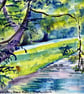  Framed Landscape Impressionist Watercolour Painting River Walk In Summer - Image 6