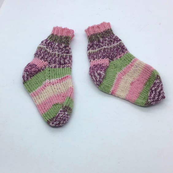 Hand Knit Baby Socks  6 months Pink purple mix vegan