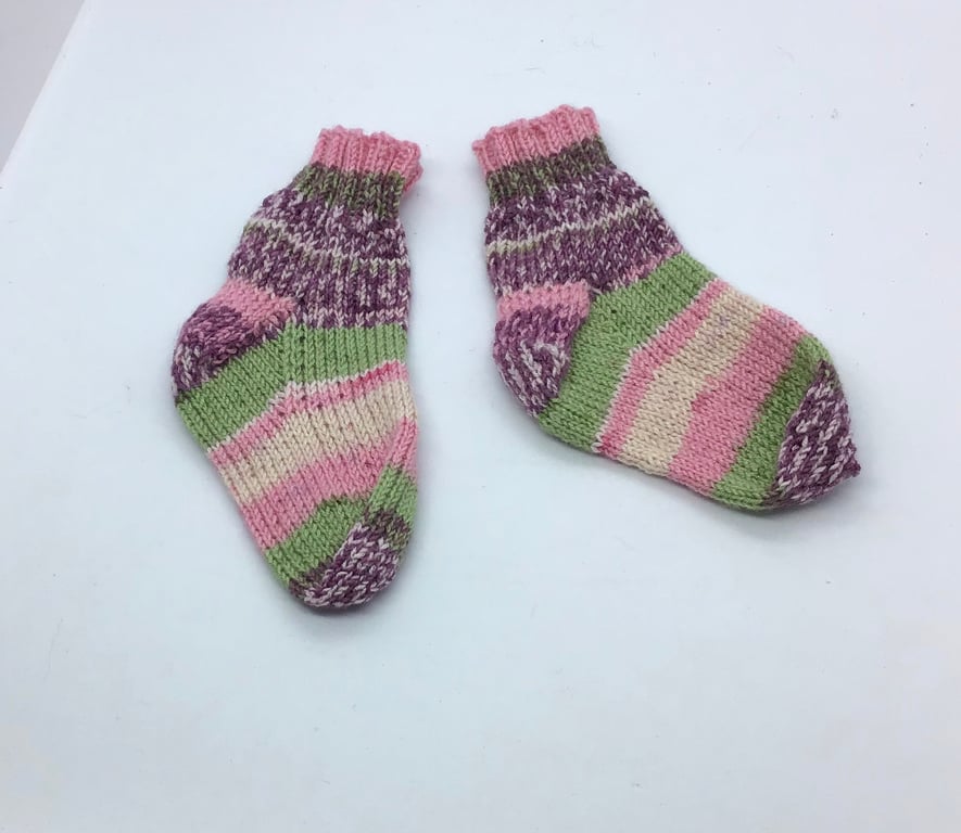 Hand Knit Baby Socks  6 months Pink purple mix vegan