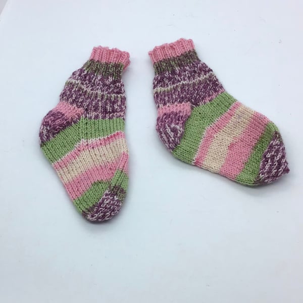 Hand Knit Baby Socks  6 months Pink purple mix vegan