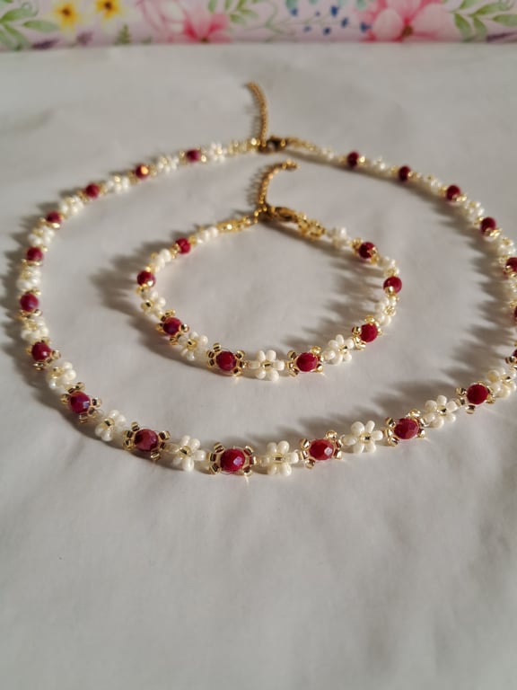 Ruby Blossom Necklace & Bracelet Set – Handcrafted Floral Beaded Jewellery