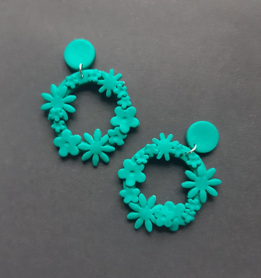 Turquoise flower garland hoop earrings, Botanical dangles, Statement jewellery