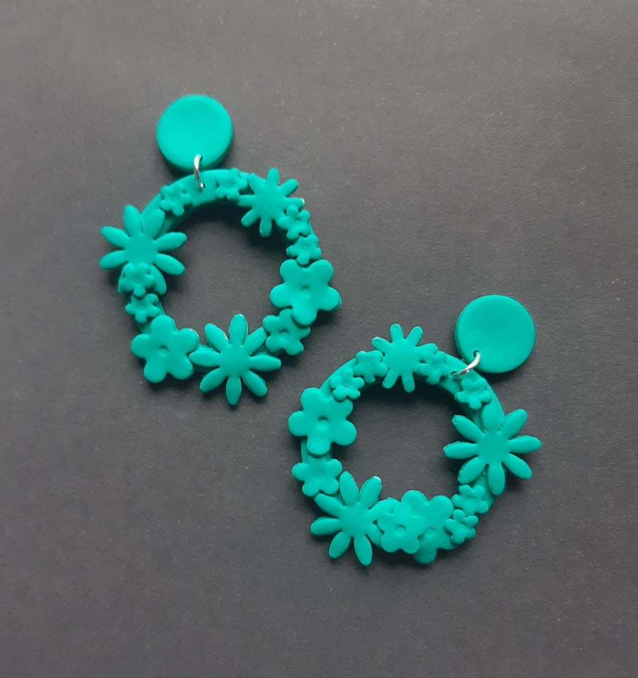 Turquoise flower garland hoop earrings, Botanical dangles, Statement jewellery