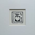 White Heart, Black Mini Linocut, Mounted Original Lino Print, Giuliana Lazzerini