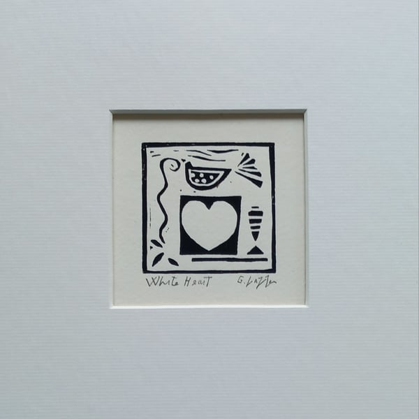 White Heart, Black Mini Linocut, Mounted Original Lino Print, Giuliana Lazzerini