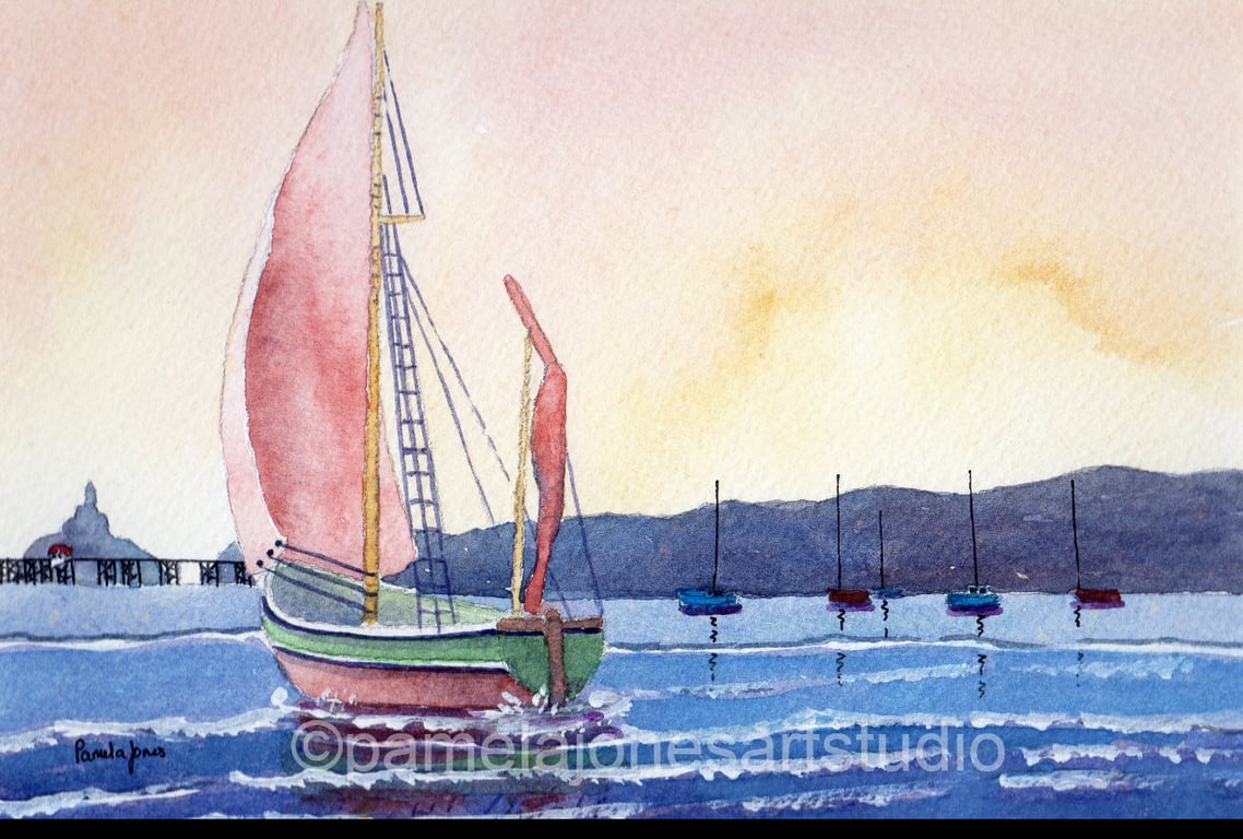 Sailing Boat, Swansea Bay, Mumbles, Watercolour Print in 14 x 11 '' Mount