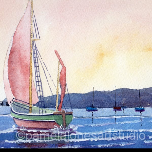 Sailing Boat, Swansea Bay, Mumbles, Watercolour Print in 14 x 11 '' Mount