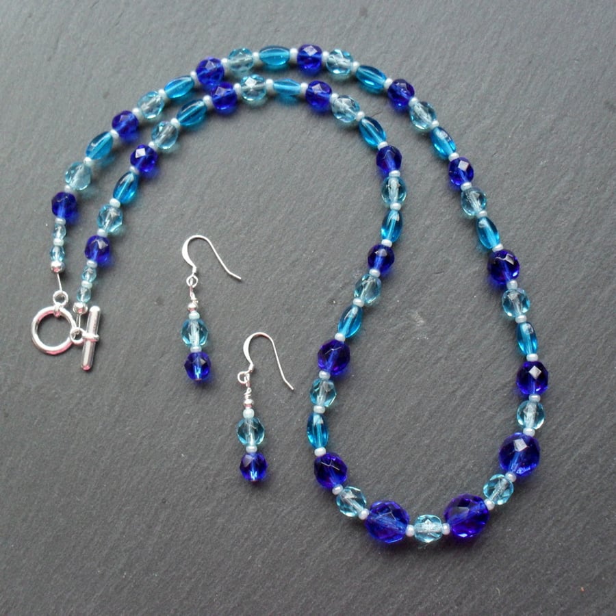 Blue Czech Glass Beaded Necklace and Earring Set