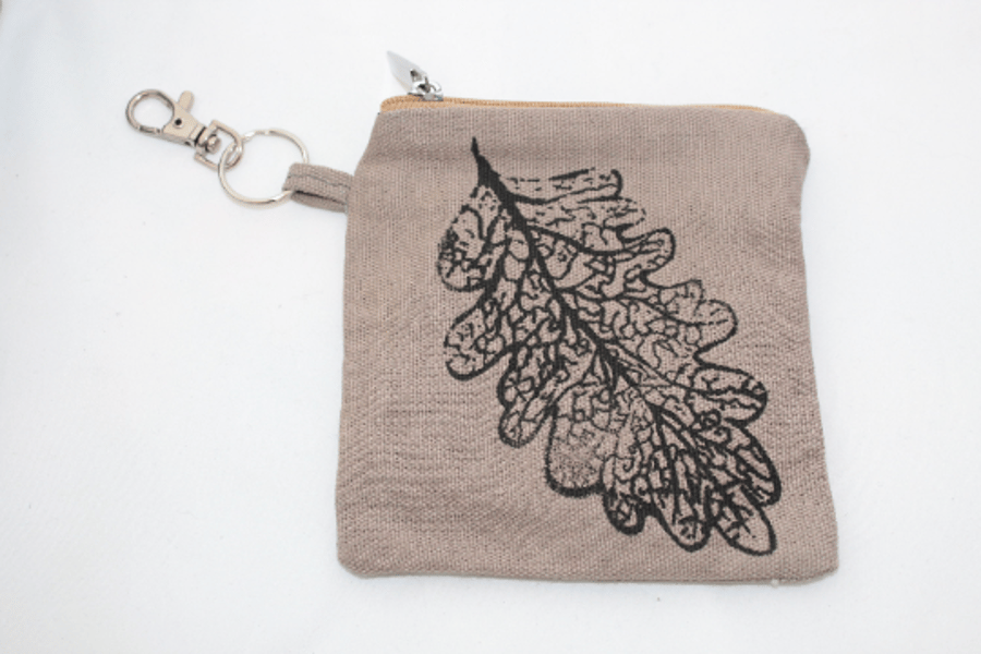 Handmade brown oak leaf printed purse, hand printed key coin purse,great gift