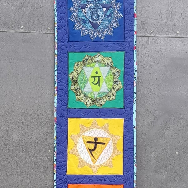 Large Seven Chakra Wall Hanging, Applique, Quilted, Fabric. Meditation, Yoga, 