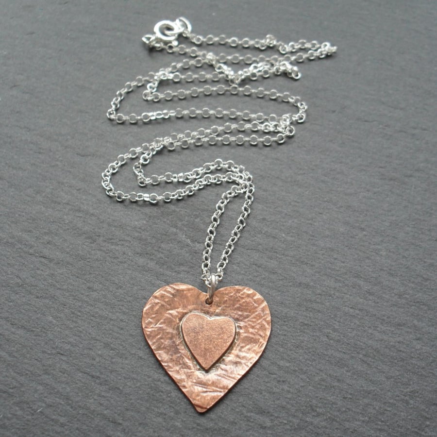Copper Heart Pendant With Sterling Silver Chain Vintage Style