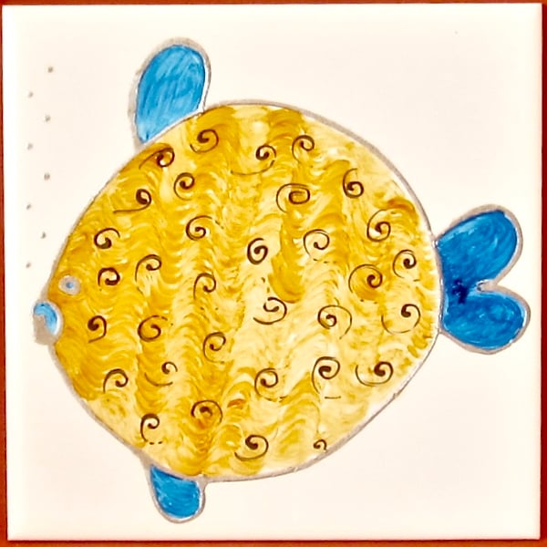 Hand Painted Golden Puffer Fish, 15cm square ceramic tile