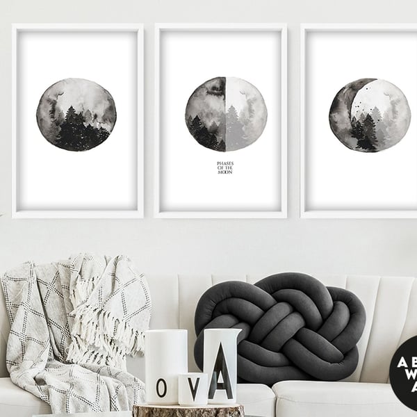 Calming Watercolor Painting Print Set of 3 Moon phases Wall art Prints Zen Wall 