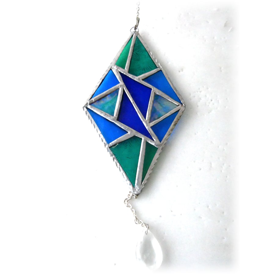 Stained Glass Diamond Suncatcher Handmade Teal Blue Triangles 