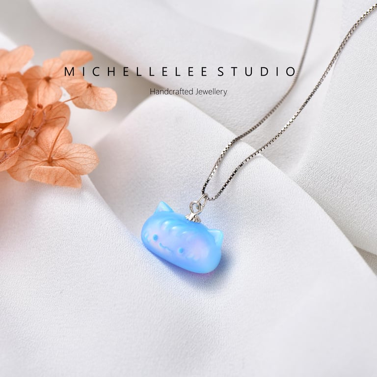 Large Blue Opal Cat 3D Fire Opal Necklace with 925 Sterling Silver Chain