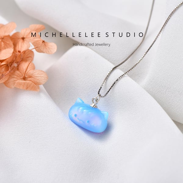 Large Blue Opal Cat 3D Fire Opal Necklace with 925 Sterling Silver Chain