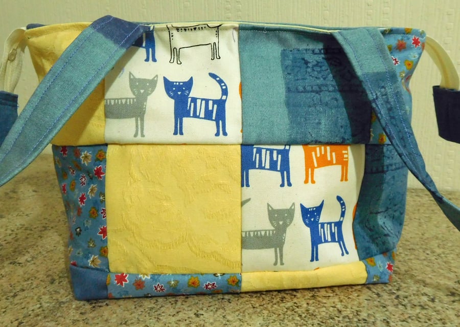 Patchwork Bag with Cats in Blue and Gold
