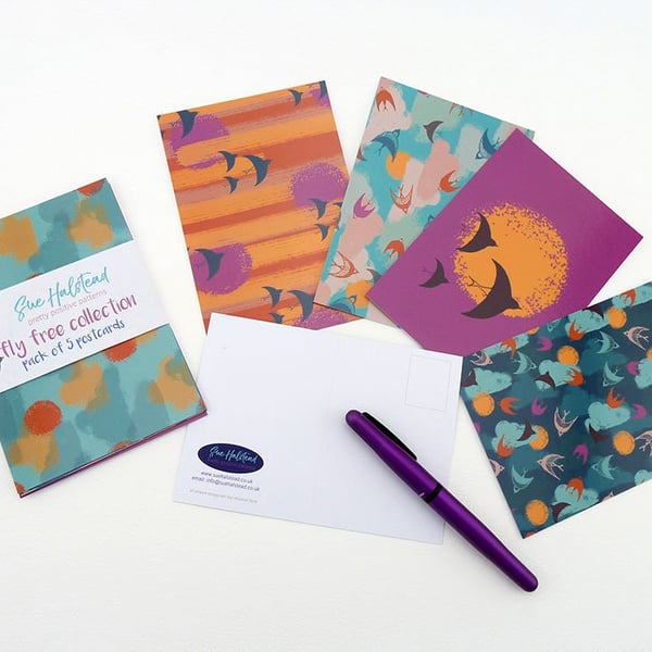5 pack flying birds A6 postcards colourful designs
