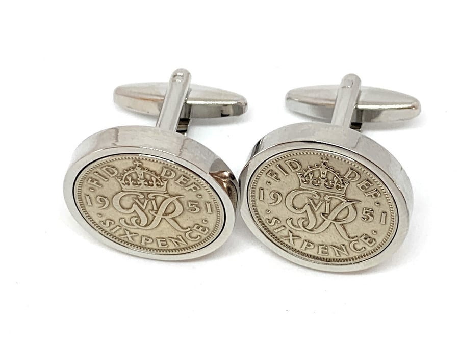 Luxury 1951 Sixpence Cufflinks for a 70th birthday. Original British sixpences 