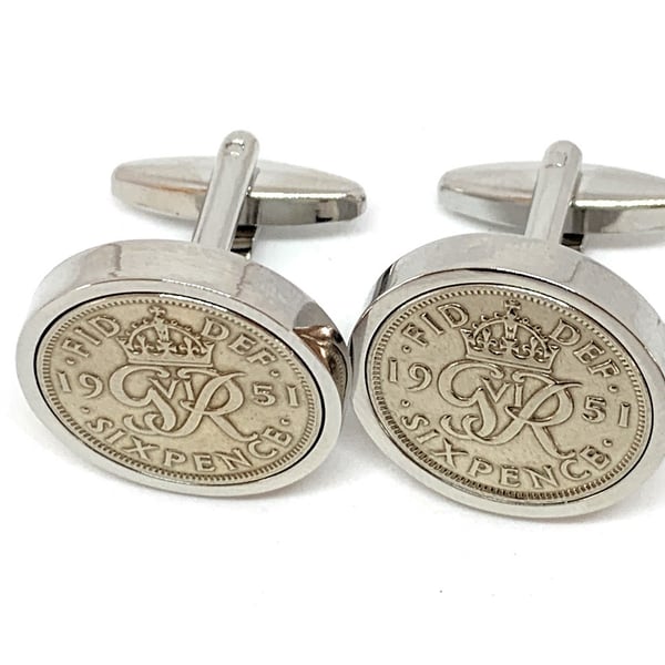 Luxury 1951 Sixpence Cufflinks for a 75th birthday. Original British sixpences 