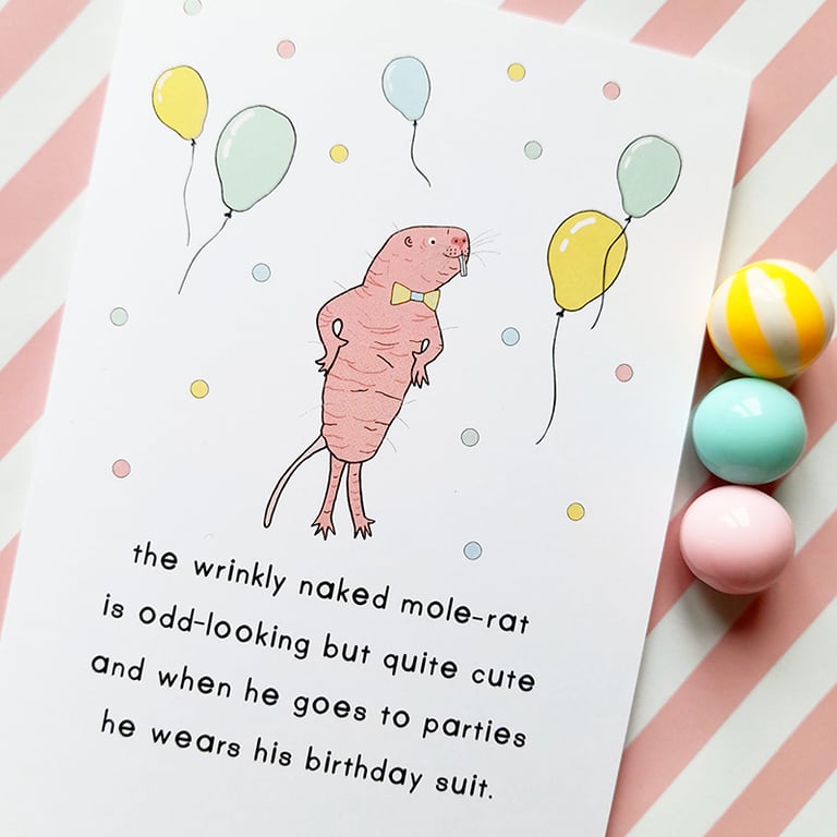 naked mole rat poem A6 birthday greetings card - funny birthday card